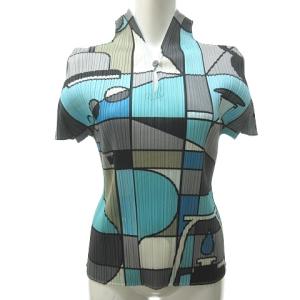 PLEATS PLEASE ISSEY MIYAKE ISSEY MIYAKE ジオメトリック シャツ ブラウス 総柄 モンドリアン調 日本製 ブルー