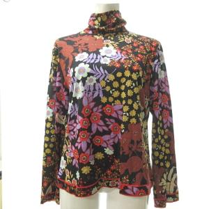 FASHION 花柄 ニット カットソー 長袖 シルク混 スタンドカラー LL ブラック レッド系