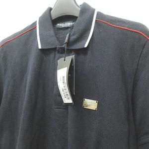 タグ付き ロゴプレート ポロシャツ カットソー 半袖 46 約S?M 紺 ネイビー 赤 レッド 0624 ECR16