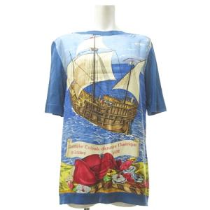 HERMES CHRISTOPHE COLOMB DECOUVRE 帆船 シルク ニット カットソー 五分袖 40 M位 青 ブルー 0629