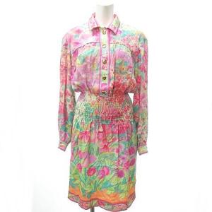 LEONARD STUDIO ワンピース 膝丈 ウエストギャザー 花柄 金釦 シルク100% ピンク