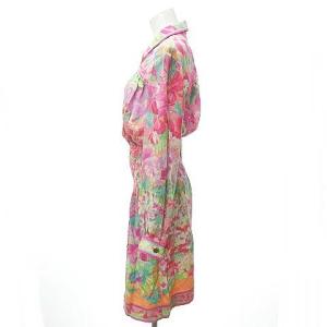 LEONARD STUDIO ワンピース 膝丈 ウエストギャザー 花柄 金釦 シルク100% ピンク