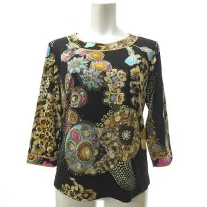 FASHION カットソー Tシャツ 七分袖 レオパード ヒョウ柄 フラワー プリント M ブラック