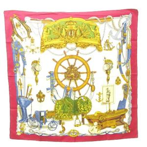 カレ90 Musee 博物館 スカーフ ショール ストール シルク 総柄 ピンク ホワイト 0620