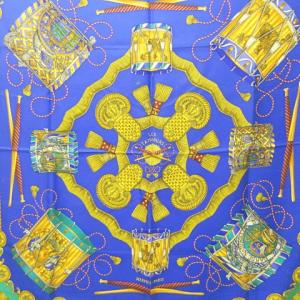 HERMES カレ90 Les Tambours タンブールの太鼓 スカーフ ストール ショール シルク 総柄 ブルー グリーン