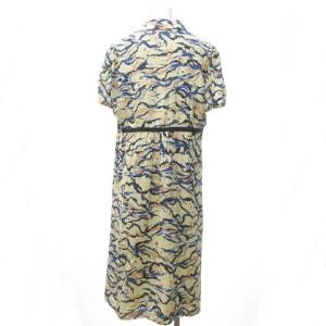 Salvatore Ferragamo 総柄 シルク ワンピース ロング 半袖 ヴァラ リボン 48 XL位 アイボリー 青 ブルー STK 0726
