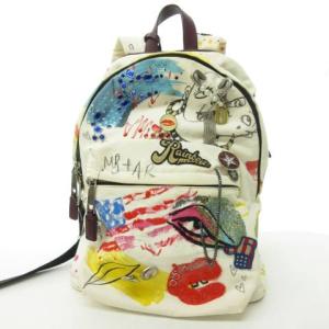 リュックサック デイパック コラージュプリント キャンバス レザー ホワイト STK