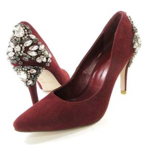 ビジュー パンプス フェイクスエード ポインテッドトゥ ハイヒール 36 赤 ボルドー系 0920