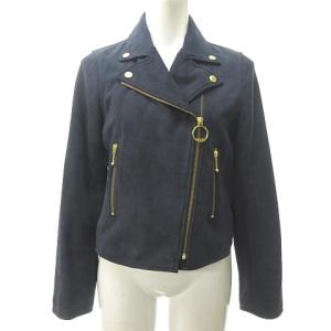 本革 ダブル ライダース ジャケット 裏地チェック スエード ショート丈 レザー 山羊革 紺 ネイビー 36 約S 0927