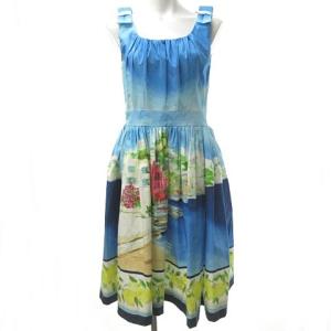 美品 水彩画風 シチリア フレア ワンピース ひざ丈 リボン 総柄 地中海 青 ブルー 水色 4 約L 1009 IBO28