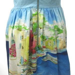 kate spade new york 美品 水彩画風 シチリア フレア ワンピース ひざ丈 リボン 総柄 地中海 青 ブルー 水色 4 約L 1009 IBO28