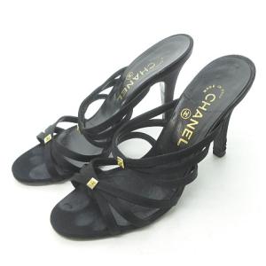 CHANEL サンダル ミュール ハイヒール サテン レザー ココマーク ゴールド金具 ブラック