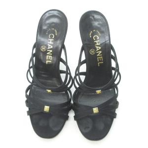 CHANEL サンダル ミュール ハイヒール サテン レザー ココマーク ゴールド金具 ブラック