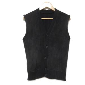 ムートン×ニット ベスト 前開き ウール 黒 ブラック X 1022