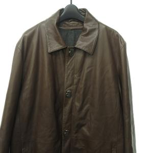 Salvatore Ferragamo レザーステンカラーコート ライナー付き ガンチーニボタン カシミヤ混 50 茶