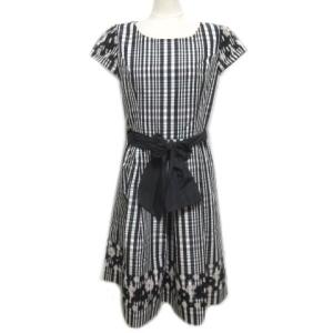 チェック リボン ワンピース 白黒 ひざ丈 半袖 タックフレア 花柄 40 ウエストリボン