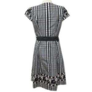 M'S GRACY チェック リボン ワンピース 白黒 ひざ丈 半袖 タックフレア 花柄 40 ウエストリボン