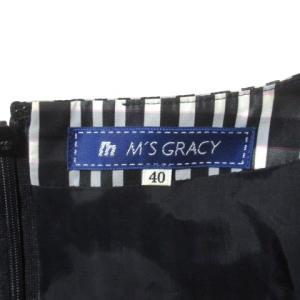 M'S GRACY チェック リボン ワンピース 白黒 ひざ丈 半袖 タックフレア 花柄 40 ウエストリボン