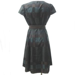 M'S GRACY ブロック チェック フレア ワンピース リボン サテン 緑 グリーン 茶 ブラウン 40 約M 1016 STK