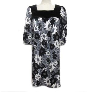 タグ付き 花柄 白黒 ワンピース ひざ丈 7分袖 七分袖 スクエアネック ベロア切替 38 M ホワイト ブラック STK