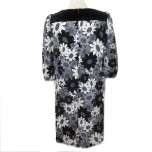M'S GRACY タグ付き 花柄 白黒 ワンピース ひざ丈 7分袖 七分袖 スクエアネック ベロア切替 38 M ホワイト ブラック STK