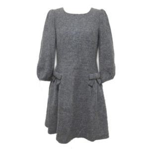 リボン ワンピース グレー ひざ丈 7分袖 七分袖 ニット モヘヤ混 ウール混 ラメ