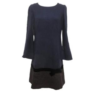 切り替え ワンピース 紺 茶 ひざ丈 長袖 ウール アルパカ リボン 40 ネイビー ブラウン