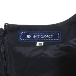 M'S GRACY 切り替え ワンピース 紺 茶 ひざ丈 長袖 ウール アルパカ リボン 40 ネイビー ブラウン