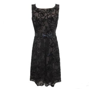 フロッキー 薔薇 ワンピース タグ付き ノースリーブ タックフレア 40 ブラック ウエストリボン