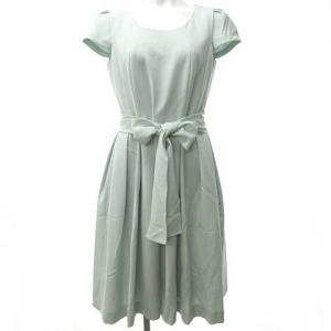 タグ付き 2WAY フレア ワンピース ドレス パフスリーブ ひざ下丈 リボン 日本製 ペールカラー 水色 青 ブルー 40