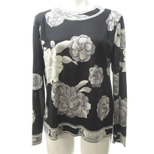 FASHION フラワー プリント カットソー Tシャツ シルク混 花柄 総柄 黒 ブラック グレー M 1023 WY