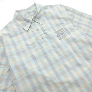 美品 近年 ロゴ刺繍 チェック シャツ ワンピース コットンリネン ひざ丈 総柄 ペールカラー 水色 青 ブルー 紫 パープル