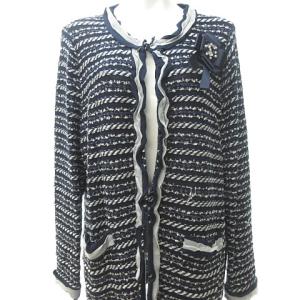 Leilian 銀タグ ブローチ付き ニット ジャケット カーディガン ロング ラメツイード ネイビー