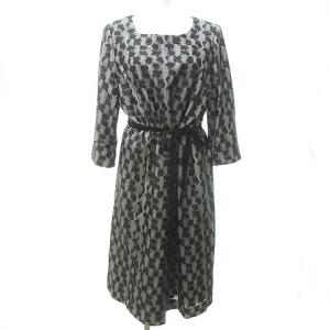 ベルテッド レースワンピース ドレス 長袖 ウール混 ブラック グレー