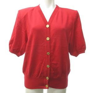 YSL カーディガン 半袖 パフスリーブ 無地 コットン 金ボタン 金釦 赤 レッド M IBO30 1111