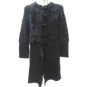 美品 シャギー × ニット コート ジャケット カーディガン 異素材 ノーカラー 黒 ブラック 36 約S 1108 IBO30