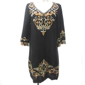 刺繍×ビジュー ワンピース ひざ下丈 タッセル 装飾 ウール インド製 36 マルチカラー