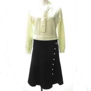 タグ付き 20年 パール ニット ワンピース ドッキング ボウタイ 20B503 1 約S?M 白 ホワイト 黒 ブラック