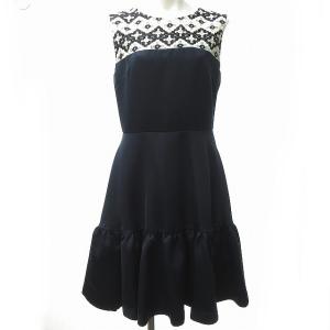 近年モデル フラワー× レース  フレア ワンピース ひざ下丈 ノースリーブ 花柄 1 約S?M 紺 ネイビー 白 ホワイト