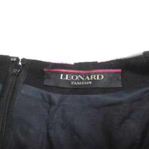 LEONARD FAHSION ワンピース ひざ丈 ノースリーブ フリル 総柄 ピンク 黒 ブラック 38 M ウール X 0118