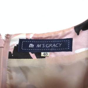 M'S GRACY ワンピース ひざ丈 半袖 花柄 パフスリーブ ピンク 40 L リボン X 0117