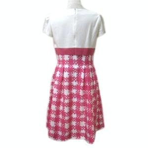 M'S GRACY ワンピース ひざ丈 半袖 切替 リボン タックフレア 総柄 白 ホワイト ピンク 40 L リネン混 X 0117