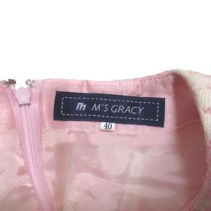 M'S GRACY ワンピース ひざ丈 半袖 花柄 リボン ピンク ウール コットン 40 L X 0117
