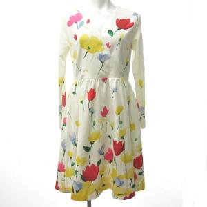 花柄 プリント カシュクール ワンピース 長袖 総柄 フラワー 水彩画風 9S517 1 約S~M 白 ホワイト マルチカラー