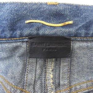 SAINT LAURENT PARIS スカート デニム ひざ丈 台形 カットオフ ボタンフライ 青 ブルー 24 155