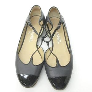 CHANEL フラットシューズ ココマーク ラウンドトゥ レザー コンビ素材 ストラップ 黒 37C