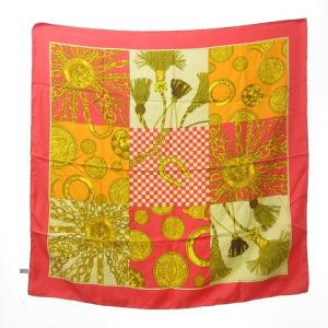 スカーフ サークルロゴ スターボール チェーン チェッカー 総柄 シルク100％ ピンク 金 ゴールド 0122