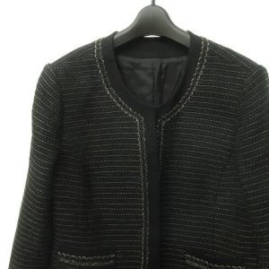 Leilian シルク混 大きいサイズ ツイード ジャケット ノーカラー 装飾 ブラック系 17+ 約3XL 0203 ECR17