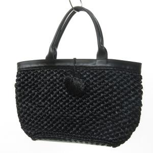 ハンドバッグ トートバッグ 編み込み ボンボン付き 裏地ロゴ レザー 黒 ブラック 0203 ECR17