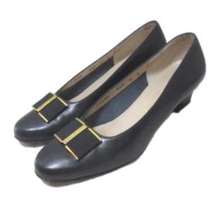 BOUTIQUE パンプス ヴァラ リボン チャンキーヒール 紺 ネイビー 6 約23.5cm ECR17 X 0221